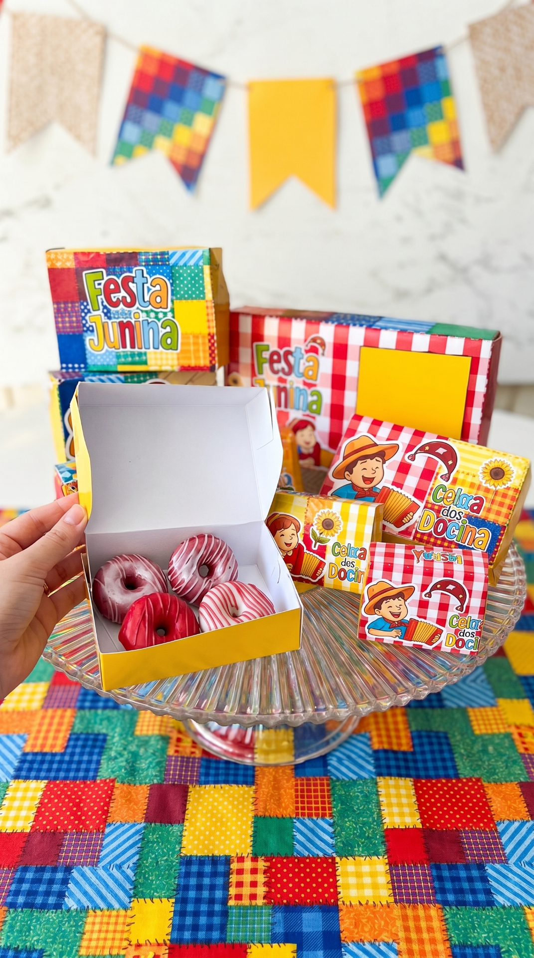 Kit de caixas e embalagens juninas com doces montados